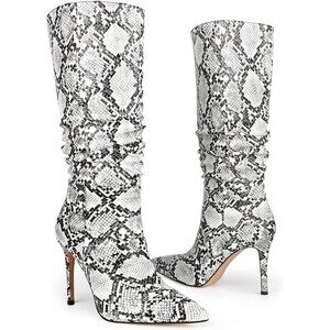 Women Snakeskin PU Knee High Exquisite Pointed Toe Fine High Heels Pleated Boots